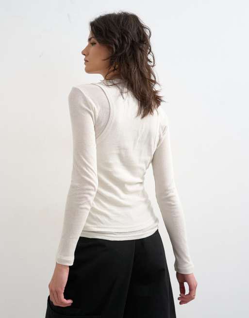 Topshop - Top color crudo de manga larga con diseño de dos capas, 4 de 4