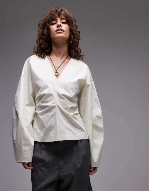 Topshop - Top color écru con arricciature e maniche bombate - view 1