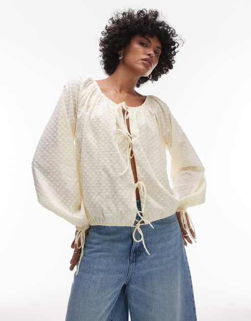 Topshop - Top color latticello in plumetis arricciato e con lacci sul davanti