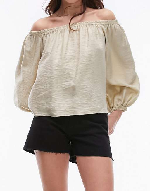Topshop - Top color salvia con maniche a palloncino e scollo Bardot