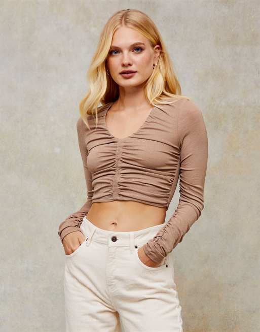 Topshop - Top color visone a maniche lunghe con arricciatura e scollo a V