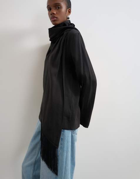 Topshop top con collo a imbuto e zip con dettaglio sciarpa con frange nero - view 1