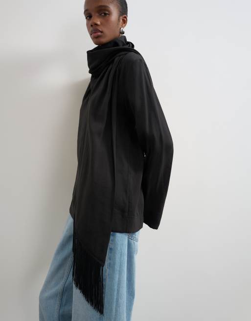 Topshop top con collo a imbuto e zip con dettaglio sciarpa con frange nero, 1 di 4