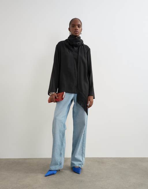 Topshop top con collo a imbuto e zip con dettaglio sciarpa con frange nero, 3 di 4