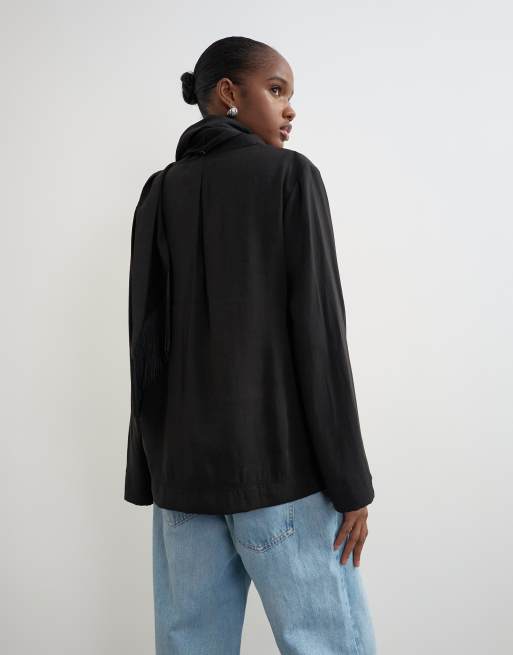 Topshop top con collo a imbuto e zip con dettaglio sciarpa con frange nero, 4 di 4