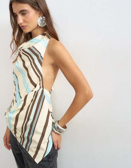 Topshop - top con cuello desbocado y detalle de lazada a rayas chocolate, 4 de 4