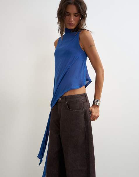 Topshop top con cuello desbocado y nudo drapeado en azul cobalto - view 1