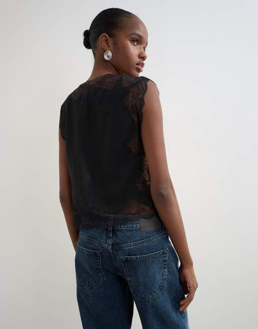 Topshop top con detalle de encaje y lazada lateral en negro, 2 de 4