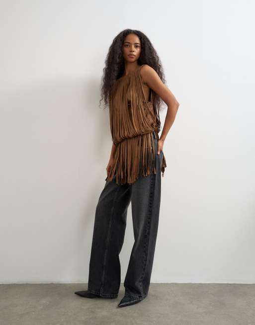 Topshop top con dettagli frange marrone, 1 di 4