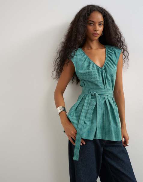 Topshop - top con fruncido en el escote y detalle de lazo a cuadros verde y azul - view 1