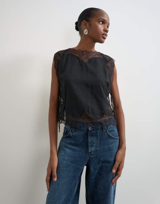 Topshop top con laccetti laterali e dettaglio in pizzo nero, 4 di 4