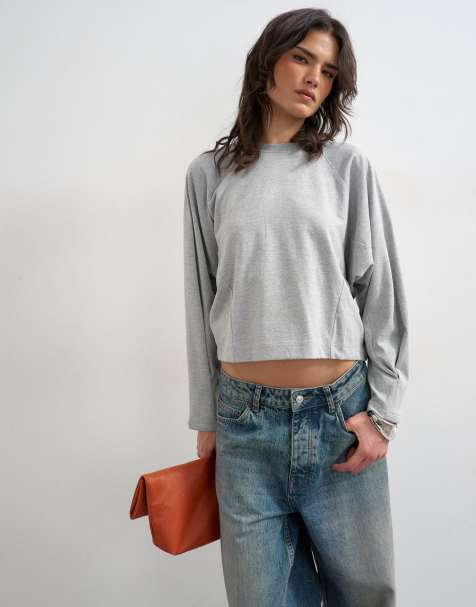 Topshop - Top con maniche raglan lunghe grigio mélange e dettaglio sui polsini - view 1