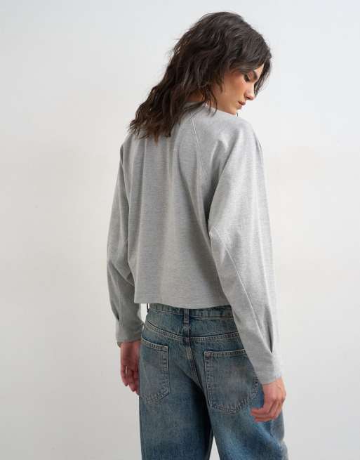 Topshop - Top con maniche raglan lunghe grigio mélange e dettaglio sui polsini, 3 di 4