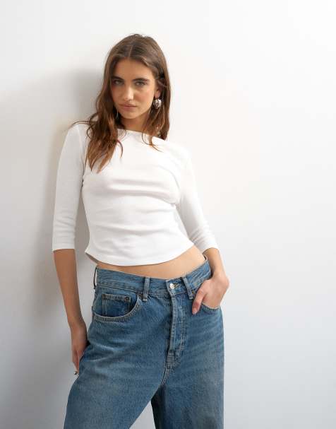 Topshop top con scollo a barchetta e fondo arrotondato bianco - view 1