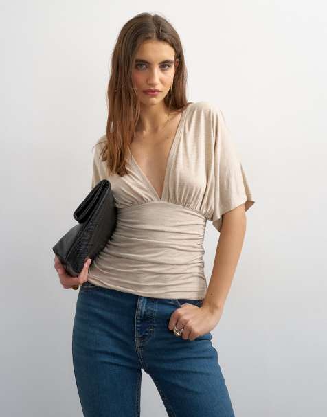 Topshop - Top con scollo a V e laccetti color avena - view 1
