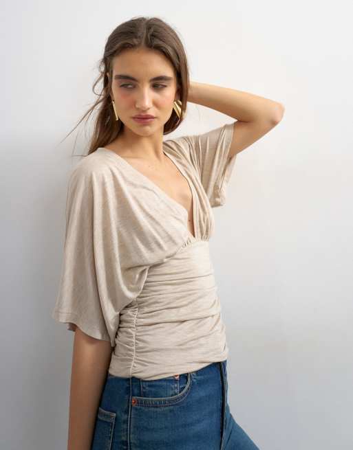 Topshop - Top con scollo a V e laccetti color avena, 3 di 4