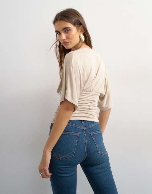 Topshop - Top con scollo a V e laccetti color avena, 4 di 4