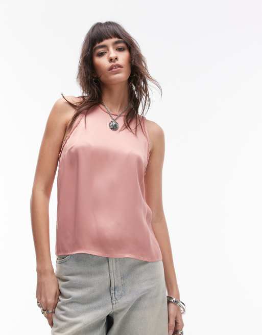 Topshop - Top con spalline sottili in raso rosa con bordi grezzi in coordinato 
