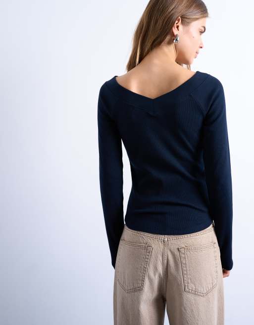 Topshop - Top côtelé à col en V et manches longues raglan - Bleu marine, 3 de 4