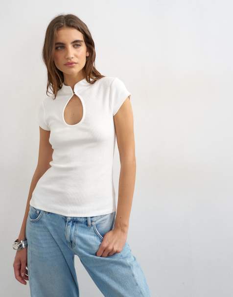 Topshop - Top côtelé à fente goutte d'eau - Écru - view 1
