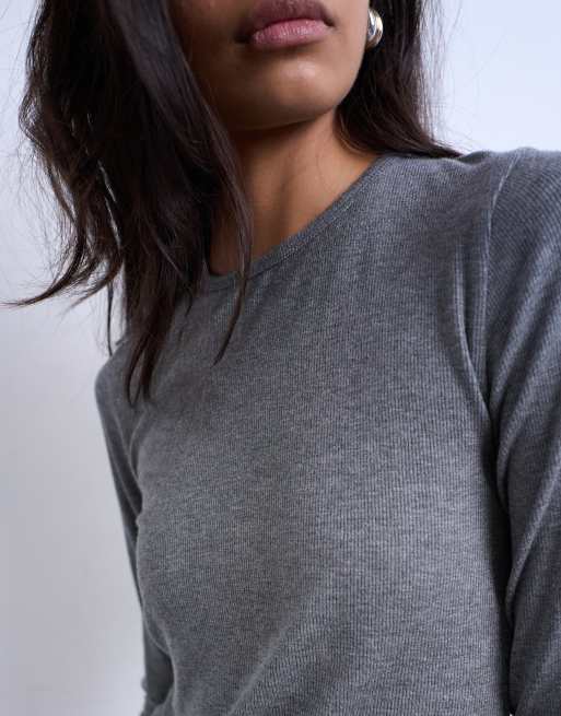 Topshop - Top côtelé à manches longues de qualité supérieure - Gris chiné, 3 de 4
