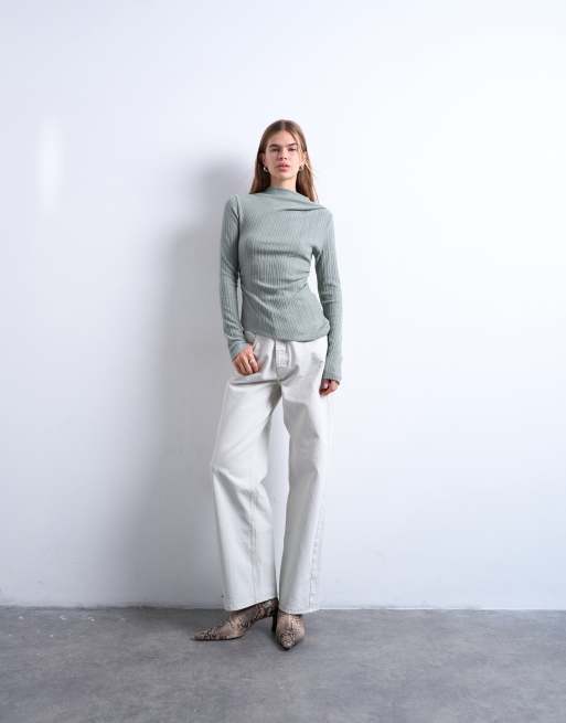 Topshop - Top côtelé à manches longues et col montant - Vert sauge, 2 de 4