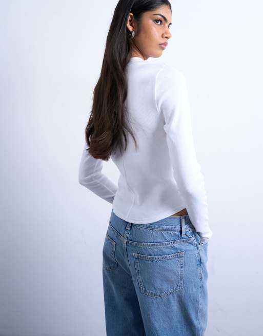 Topshop - Top côtelé à manches longues et ourlet arrondi - Blanc, 4 de 4