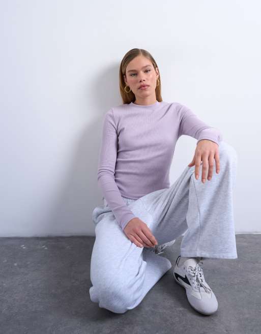 Topshop - Top côtelé à manches longues et ourlet arrondi - Lilas, 3 de 4
