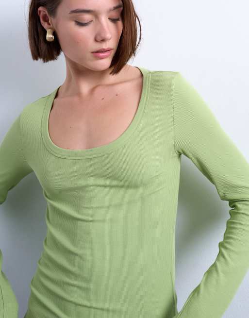 Topshop - Top côtelé de qualité supérieure à manches longues et encolure dégagée - Vert, 3 de 4