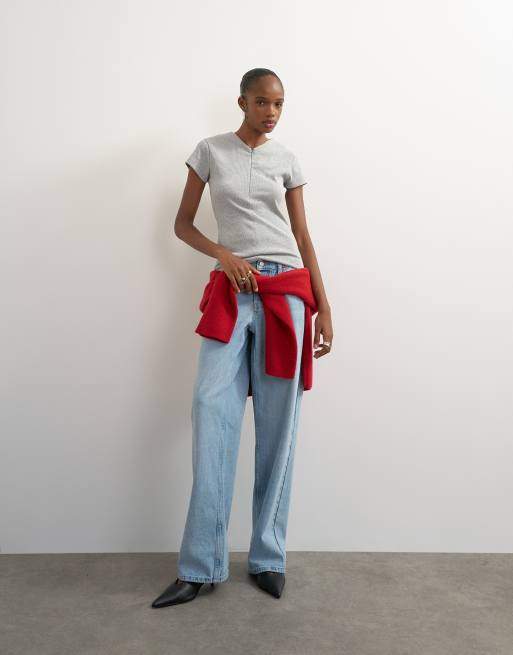 Topshop top côtelé zippé col V à manches courtes gris, 2 de 4