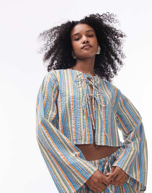 Topshop - Top da spiaggia in seersucker a righe multicolore con laccio sul davanti in coordinato