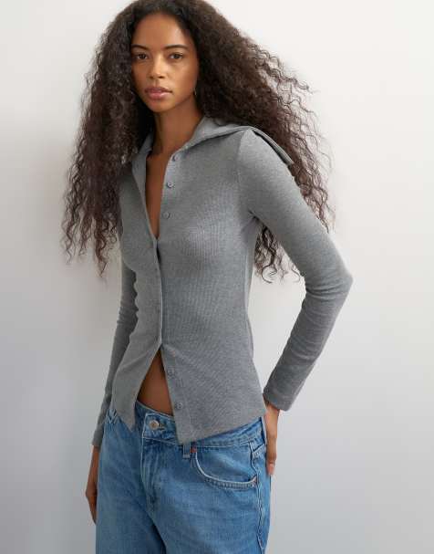 Topshop top de canalé de manga larga con cuello alto y botones en gris jaspeado - view 1