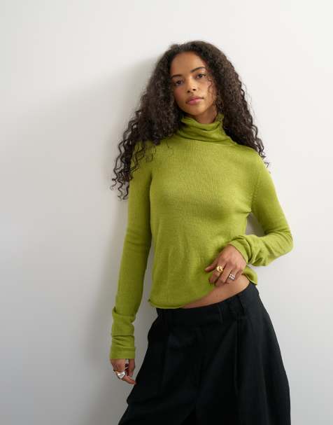 Topshop - top de cuello vuelto de doble capa semitransparente en mezcla de lana verde - view 1