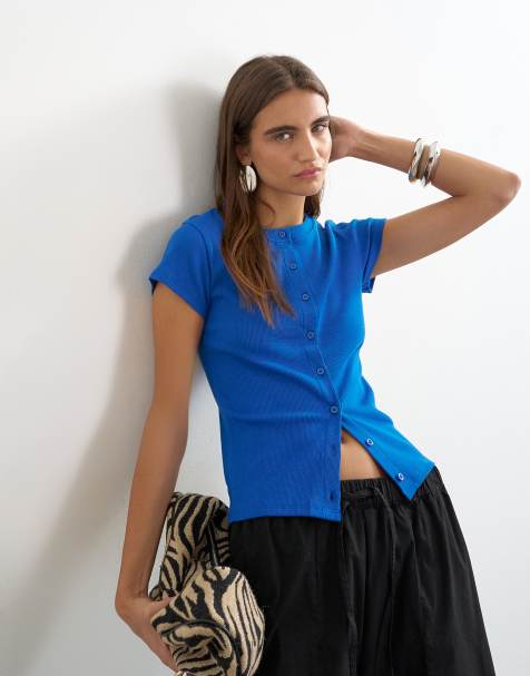 Topshop - top de manga corta con botones en azul cobalto - view 1