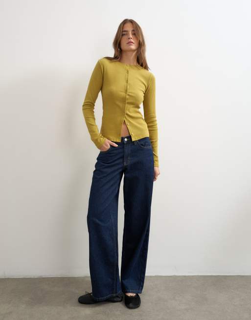 Topshop - top de manga larga con botones en verde, 3 de 4