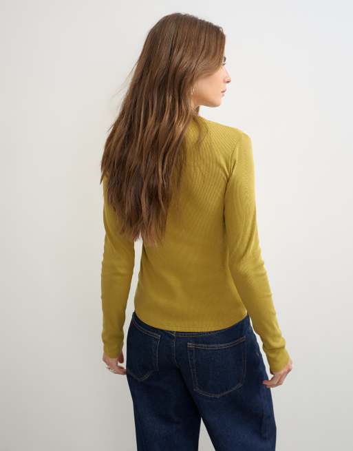 Topshop - top de manga larga con botones en verde, 4 de 4