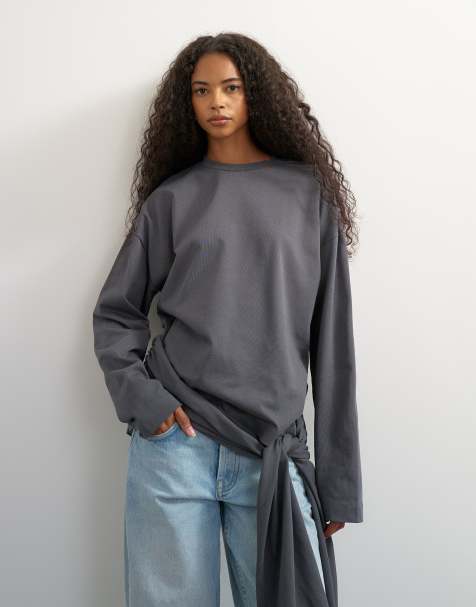 Topshop - top de manga larga con detalle de cintura anudada en gris carbón - view 1