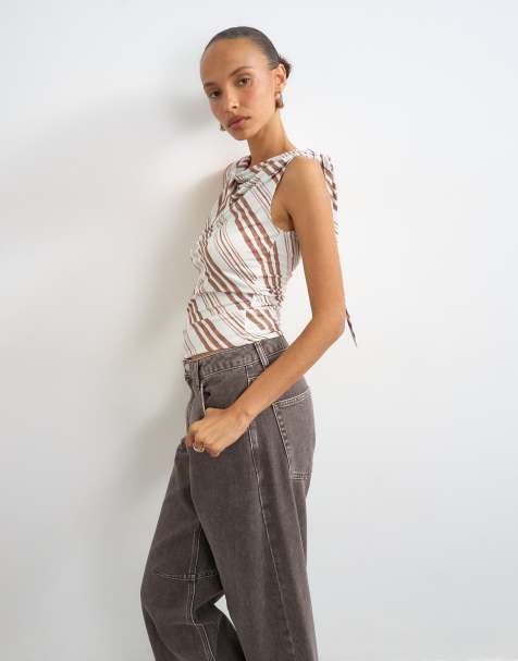 Topshop - top de microfibra a rayas con nudo en el hombro azul - view 1