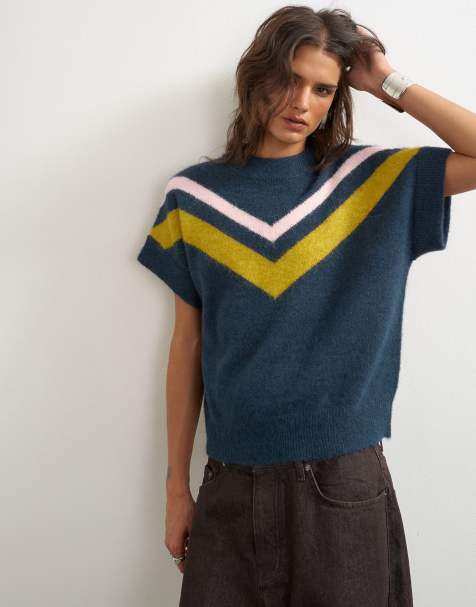 Topshop top de punto afelpado de manga corta con lana y rayas multicolor - view 1