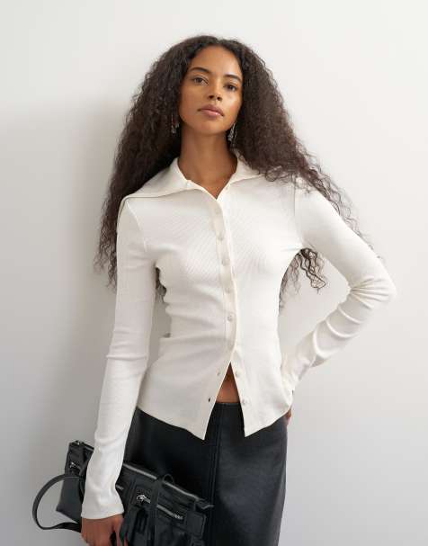 Topshop top de punto canalé de manga larga con cuello alto y botones en crema - view 1