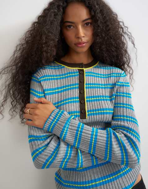 Topshop - top de punto con cuello henley, manga larga y rayas en azul multicolor - view 1