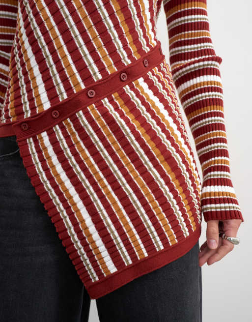 Topshop - top de punto largo asimétrico de canalé a rayas en rojo, 3 de 4