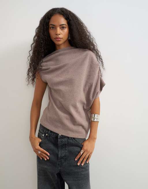 Topshop - top de tacto suave con hombros caídos en tono avena, 3 de 4