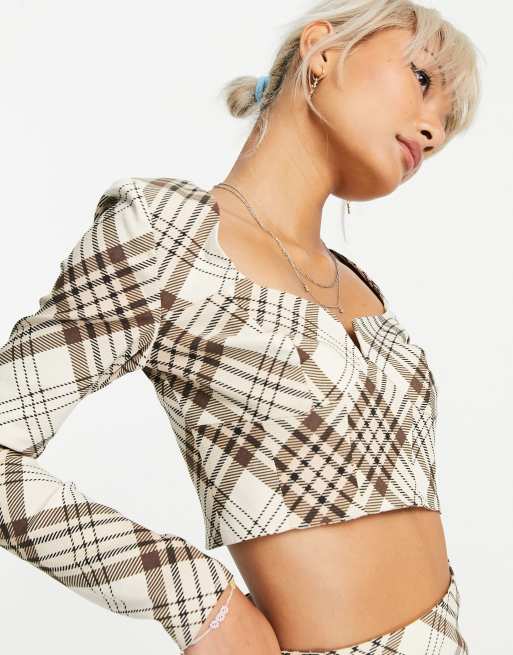 Topshop - Top d'ensemble à manches longues en bengaline à carreaux - Camel, 2 de 4