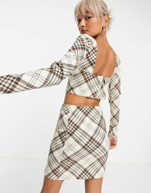 Topshop - Top d'ensemble à manches longues en bengaline à carreaux - Camel, 4 de 4