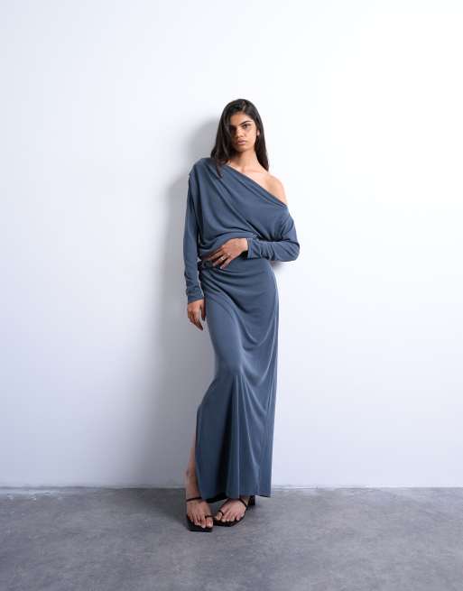 Topshop - Top d'ensemble en cupro à manches longues et encolure Bardot torsadée - Gris anthracite, 2 de 4