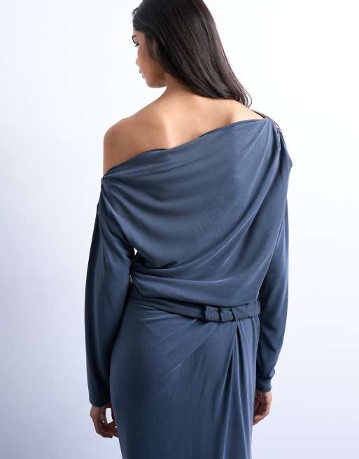 Topshop - Top d'ensemble en cupro à manches longues et encolure Bardot torsadée - Gris anthracite, 4 de 4