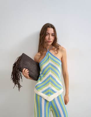 Top d'ensemble en maille à encolure américaine et rayures variées - Vert et bleu multicolore S