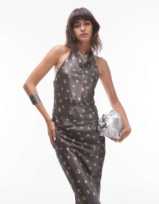 Topshop - Top d'ensemble en satin à dos nu et imprimé fleuri vintage - Noir délavé
