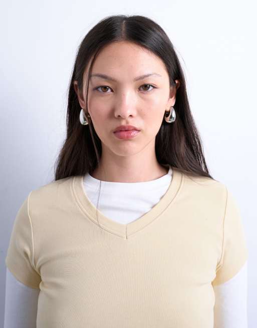 Topshop - Top double épaisseur à manches longues et col V - Babeurre/écru, 3 de 4